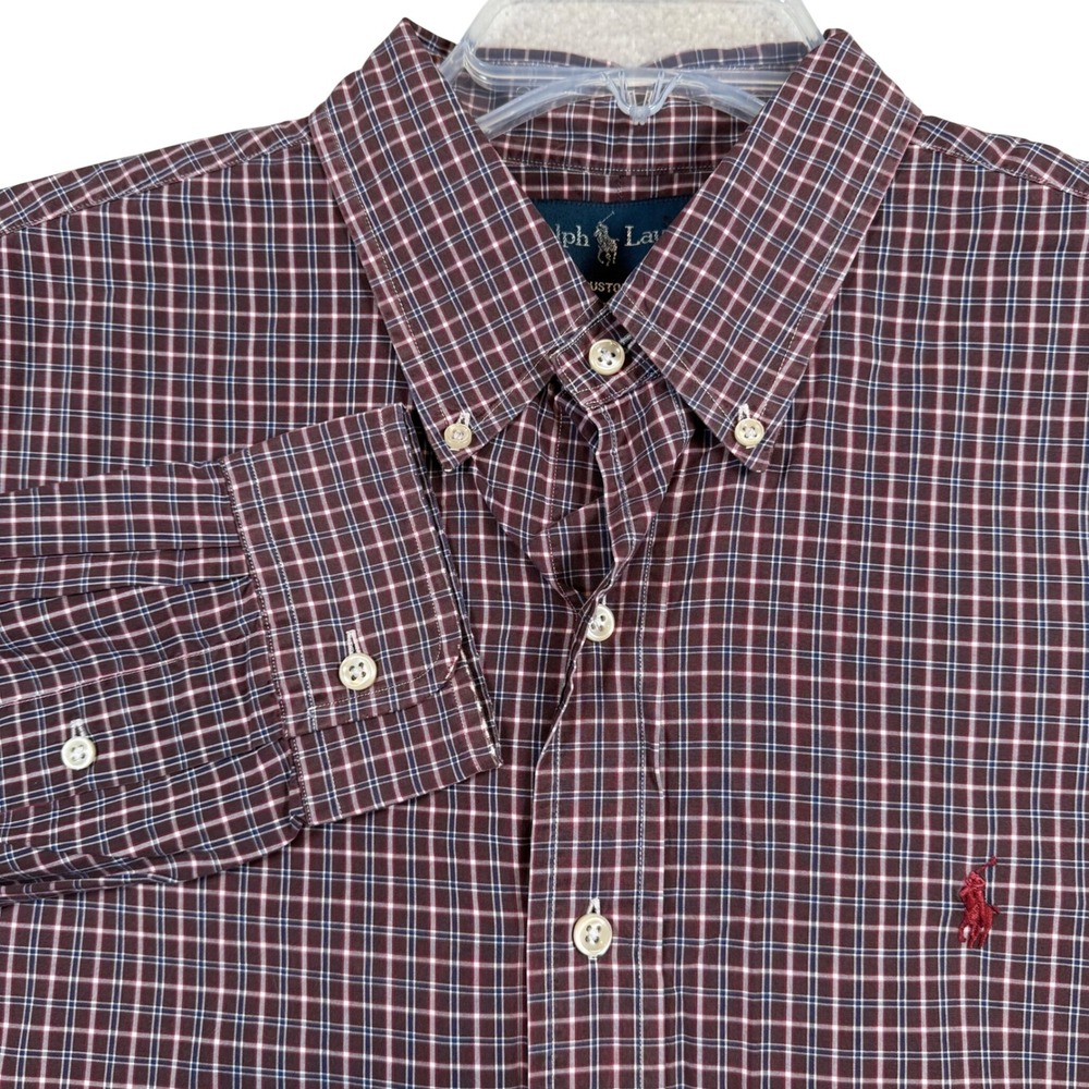 Ralph Lauren Button Down Mens Large Burgundy Plaid Custom Fit Long Sleeve Shirt